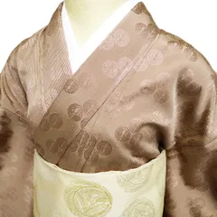 小紋 着物 中古 正絹 単衣 カジュアル 紋付 ストライプ 縦縞模様 地模様 柴染色 身丈159.5cm 裄66cm M きもの北條 A912-16