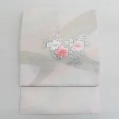 名古屋帯 夏用 正絹 ラメ糸入り 刺繍入り 銀糸 シルバー系 お太鼓柄 花文様 夏物 カジュアル 仕立て上がり 夏帯 長さ362cm