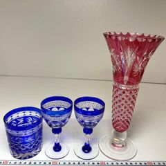 廃盤 希少 島津薩摩切子 藍 六角 花瓶 一輪挿し フラワーベース