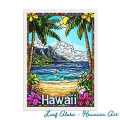 ハワイアンアート 額付き A4｜ステンドグラスの海景色 No.30 Leaf Aloha