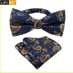 蝶ネクタイ　ポケットチーフ チーフ　2点セット ペイズリー柄　ネイビー　ゴールド　ワンタッチ 結婚式　発表会 パーティー イベント ダンスパーティー　卒業式　入学式　バーテンダー ビジネス スーツ ワイシャツ 格安 小物 メンズネクタイ ハンカチ 2点 セット