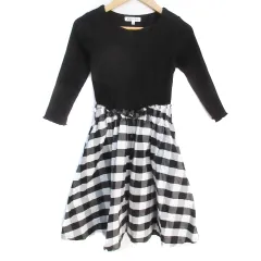 グローバルワーク GLOBAL WORK ニットワンピース リブ フレアワンピース ロング丈 長袖 スクエアネック 切替 ギンガムチェック柄 大きいサイズ XXL 黒 白 ブラック ホワイト /FF14 女の子