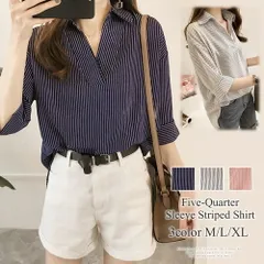 5分袖ストライプシャツ レディースシャツ可愛い トップス 長袖 夏服 オシャレ ファション 通勤 レディスカジュアル 大きいサイズ 体型カバー