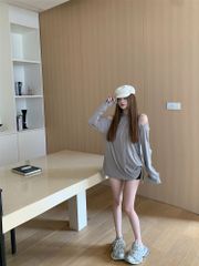着痩せ効果  スリム 交差する オープンショルダー 長袖 Tシャツ 薄手 ゆったり セクシー