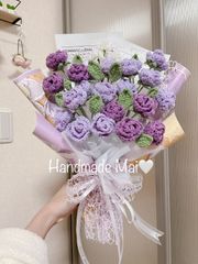 ミニバラ紫バージョン　ブーケ　花束　ハンドメイド編み物　編み花