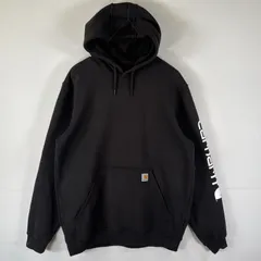 古着 カーハート Carhartt パーカー スウェット プルオーバー  袖ロゴプリント フーディ ワンポイント L  ブラック メンズ