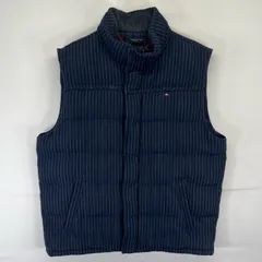 古着 トミーヒルフィガー TOMMY HILFIGER ベスト 中綿 ストライプ ワンポイントロゴ刺繍 大きいサイズ XL  ネイビー メンズ
