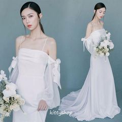 ウェディングドレス サテン マーメイドドレス 結婚式 キャミドレス トレーン 二次会ドレス 白 ホワイト オフショルダー パフスリーブ 花嫁