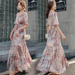 ワンピース レディース 40代 夏 キレイめ マキシ丈ワンピース 半袖 シフォンワンピ Vネック ロング丈 花柄フレアスカート ゆったり 上品 オシャレ通勤 着痩せ#miyabi20569