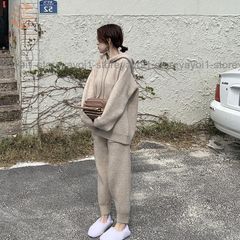 スカート セットアップ レディース きれいめ フード付きトレーナー ロングパンツ 秋 ニットアップ ニットセットアップ 上下２点 レディース