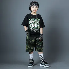 キッズダンス衣装 上下セット ヒップホップ 男の子 夏 半袖 スケートボード 子供服 ヒップホップ 派手 ストリート 原宿系 レッスン ダンスウェア ジャズ 9gJd635