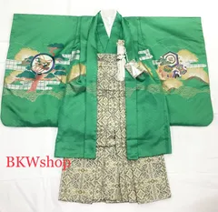 現品限り　特価品　used　5才羽織、袴　7点セット　羽織　グリーン地　こずち、鷹柄 ・ 着物　グリーン地 ・ 袴グリーンゴールド　　七五三　アンティーク　男の子　着付練習　卒業式　卒園式　リメイク