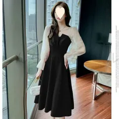 ワンピース レディース ロング丈 レース おしゃれ かわいい 長袖 Vネック チュール 切り替えワンピース ドレス ひざ丈 ハイウエスト Aライ