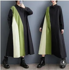 新品 2026新作 モード系　大きいサイズ 配色　グリーン　レディース ワンピース　縞　ロング　春 秋冬 新品 長袖