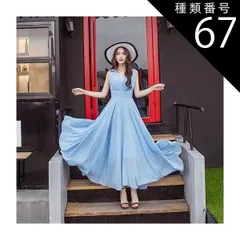 種類67：スカイブルー/4XL シフォンワンピース シフォンドレス ドレスワンピース ワンピース ドレス フレアワンピース シフォンワンピース ロング ロング丈 マキシ マキシ丈 9分丈 袖なし ノースリーブ Vネック カシュクール フレア セミフレア Aライ