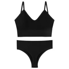ブラジャー ショーツ Tバック セット ノンワイヤー 下着 女性 スポーツ ブラセット 運動 ヨガ ジム M ブラック
