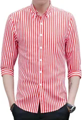 Four leaf スリムシルエット ストライプ シャツ メンズ 7分袖 七分袖 襟付きシャツ ボタンダウン ポリエステル ノンアイロン 薄手 ポケット(レッド,  2XL)