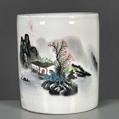 青山紅樹山水紋筆筒 筆置き 筆入 書道具 古文房具 現代工芸品 美術品