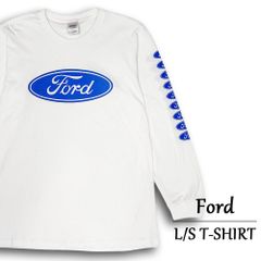 フォード Ford ロゴ ロンT 長袖 Tシャツ 袖プリント ホワイト×ブルー サイズ：メンズ L , XL GILDAN ギルダン ロングスリーブ 大きいサイズ 【新品】