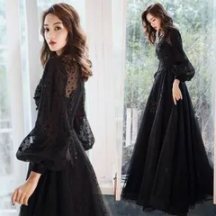 イブニングドレス ロングドレス 黒 パフスリーブ 長袖 発表会ドレス ブラック キラキラ スパンコール 花柄 ビーズ キレイめ パーティードレス673