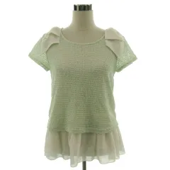 セシルマクビー CECIL McBEE ニット カットソー 半袖 レース ショルダーリボン レイヤード風 ライトグリーン 黄緑 オフ白 M