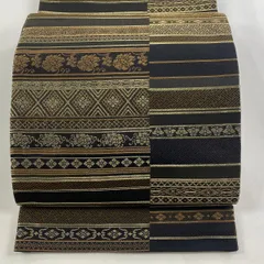 【美品】 袋帯 秀品 花唐草 段縞 金糸 黒 六通 正絹 【中古】
