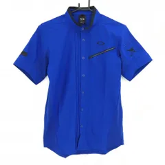 【新品】オークリー 半袖シャツ ブルー×黒 総柄地模様 スタンドカラー 襟バイカラー吸汗速乾 メンズ ティー装着可(M) ゴルフウェア Oakley