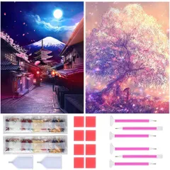 【新着商品】家用装飾 芸術品 全面貼り付けタイプ 30x40cm ダイヤモンド塗装 手作り絵画手芸キット DIY 5Dモザイクアート ダイアモンドビーズ絵画キット 桜2枚セット + 富士山 キット ダイヤモンドアート ダイヤモンドアート Rinimie