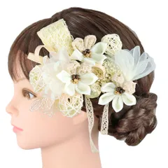 髪飾り 成人式 つまみ細工 振袖 前撮り 袴 リボン 花 3点セット アイボリー 白 クリーム色 ゴールド 玉飾り 組紐 下がり 造花 No.9-5254