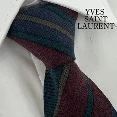 《美品》YVES SAINT LAURENT (イヴサンローラン) ネクタイ 毛75%シルク25% 総柄 レジメンタルストライプ エンジ ダークグリーン ダークブルー グレー