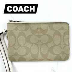 中古美品　COACH コーチ　ポーチ レザー PVC シグネチャー F66506 マルチポーチ L字ファスナー レディース ベージュ　Wファスナー