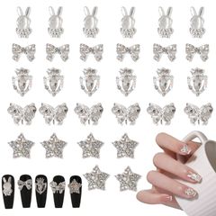 【特価商品】ジュエリーパーツ パーツ デコパーツ ネイルアート メタルパーツ シルバー ネイルストーン キラキラ (ミックス おしゃれ ストーン ネイルパーツ ネイルパーツ リボン 蝶々 B) うさぎ 星 大きめ 可愛い 30個セット