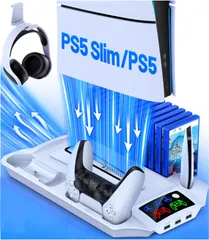 「2024年新登場」PS5 Slim スタンド PS5 Silm/PS5 縦置き スタンド PS5/PS5 Silm コントローラー 充電スタンド 2台同時充電 3段階冷却 冷却ファン 充電指示ランプ付 収納 多機能 ネジ付 USBケーブル付 PS
