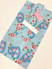 «花ラブリ» GY292PB100H　☆肩上げ腰上げ済☆　新品 　浴衣  １００サイズ　キッズ　ガールズ　女の子　女児　ハート　水色　花　ピンク　和装