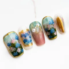 【特価】Sun&Beam Nails 手作り ネイルチップ ミディアム ロング アーモンド つけ爪 人気 3D おしゃれ 可愛い デザイン 付け爪 10枚入 (#13 絵画・グリーン ・ L)