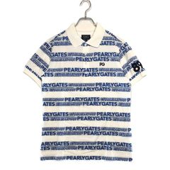 未使用品 メンズ パーリーゲイツ PEARLY GATES 半袖ポロシャツ 4(M) 白×青 ロゴボーダー