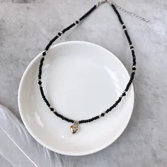 【SALE】ハート×ブラックビーズネックレス 40cm（アジャスター＋5cm）