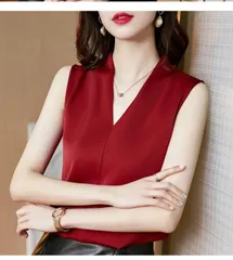 【ワインレッド★Ｌサイズ】Vネック　袖なし　シャツ　ブラウス　レディース