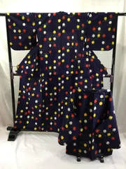 ウールアンサンブル/女物/着物＋羽織/紺/羽織紐付/バチ衿/仕立上がり/適応身長145～150㎝/3400