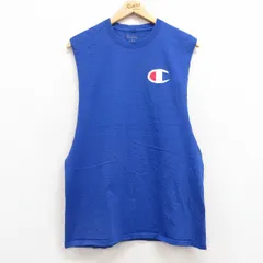 L/古着 チャンピオン Champion ノースリーブ Tシャツ メンズ ワンポイントロゴ コットン クルーネック 青 ブルー 25jul12 中古