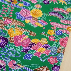 約110×32㎝　紅型風 琉球柄 花と霞と流水 琉球柄 沖縄 びんがた ブロード生地 1350-70G グリーン　 生地 布地 布 ハンドメイド