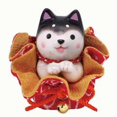 薬師窯 わんこ日和おねだり黒柴(ふく福巾着)   商売繁盛  置物 夏インテリア招福置物 和の縁起物  贈り物 ギフト お祝い プレゼント