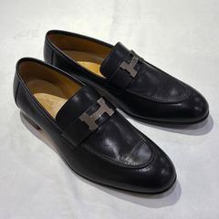未使用品◎HERMESエルメス　メンズ/モカシン/ローファー/Hロゴ/パリ/革靴/ブラック/黒/シルバー金具/42.5