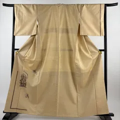 付下げ 身丈162cm 裄丈66cm M 袷 紬地 草花 金彩 ベージュ 正絹 美品 名品 【中古】