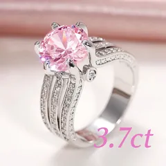 S925 ピンク ジルコニア 3ライン ラウンド ブリリアント リング 指輪
