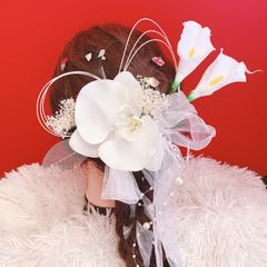 カラーリリィ☆結婚式髪飾り☆結婚式髪飾り☆ウエディング☆卒業式髪飾り☆前撮り☆袴ヘア☆夏祭り☆プリザーブドフラワー☆かすみ草☆リボン☆パールガーランド☆金箔☆水引髪飾り