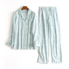 ☆ ブルー×チェック ☆ L ☆ ルームウェア レディース pk0215 ルームウェア レディース 上下セット パジャマ 寝巻き 寝間着 寝巻 ルームウエア 部屋着 室内着 ナイトウェア ナイトウエア セットアップ 春 夏 長袖 長そで 前開き 綿 コットン