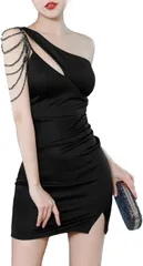 ISLAYCAOLILA ワンショルダー ワンピース ビジュー タイト ミニ クラブ ドレス オフショルダー ノースリーブ レディース EB7( ブラック,  S)