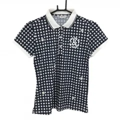 【美品】アンパスィ 半袖ポロシャツ ネイビー×白 格子 花刺しゅう レディース M ゴルフウェア and per se
