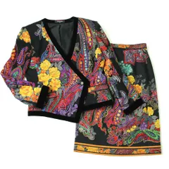 極美品◎レオナ−ル ファッション レディース ウール×シルク ジャケット×スカート／セットアップ マルチカラー 花柄プリント 11AR・69のサムネイル